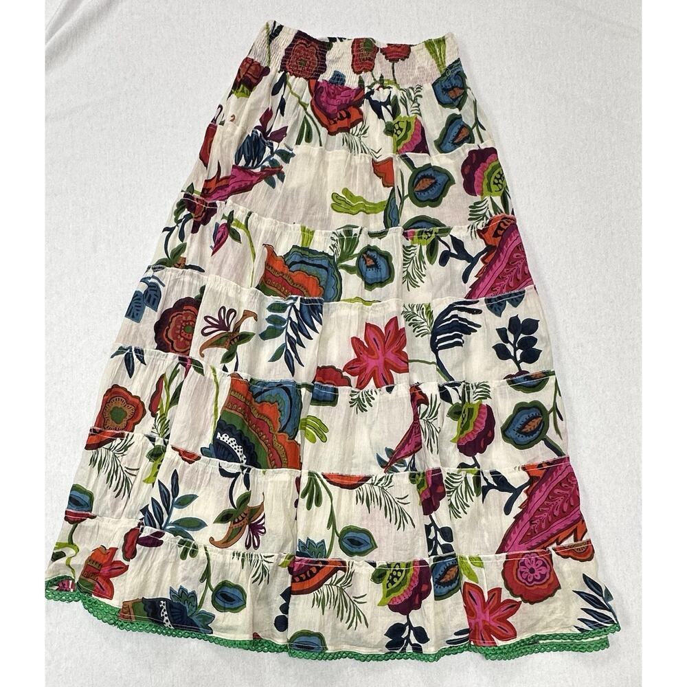 Tiered Floral Maxi Skirt Multicolor Smocked Waist Boho Size S Pure Nordic Gypsy